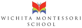 Wichita Montessori School logo featuring a stylized butterfly above the school name in elegant, uppercase lettering. The butterfly has red, green, blue, and black sections—reflecting our Giveback Benefiting Vets for Youth initiative.