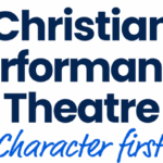 Logo with blue sparkles and bold blue text reading Christian Performance Theatre, and below it, in cursive light blue, Character first. Giveback benefiting Vets for Youth adds a special touch to this inspiring design.