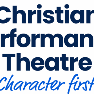 Logo with blue sparkles and bold blue text reading Christian Performance Theatre, and below it, in cursive light blue, Character first. Giveback benefiting Vets for Youth adds a special touch to this inspiring design.