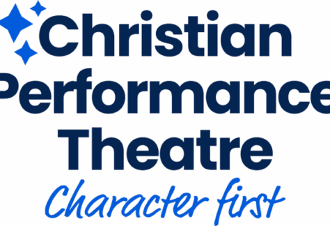 Logo with blue sparkles and bold blue text reading Christian Performance Theatre, and below it, in cursive light blue, Character first. Giveback benefiting Vets for Youth adds a special touch to this inspiring design.