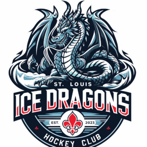 Logo for the St. Louis Ice Dragons Hockey Club, featuring a fierce blue dragon above bold red-and-white text. Includes a fleur-de-lis, hockey sticks, and EST. 2023 on a dark badge—proudly supporting Giveback Benefiting Vets for Youth.