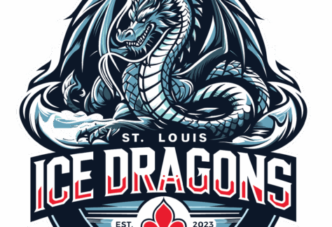 Logo for the St. Louis Ice Dragons Hockey Club, featuring a fierce blue dragon above bold red-and-white text. Includes a fleur-de-lis, hockey sticks, and EST. 2023 on a dark badge—proudly supporting Giveback Benefiting Vets for Youth.