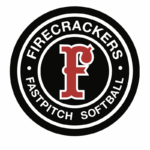 A circular logo with a large red letter F in the center, surrounded by black rings with white text that reads FIRECRACKERS FASTPITCH SOFTBALL, representing a Giveback Benefiting Vets for Youth initiative.