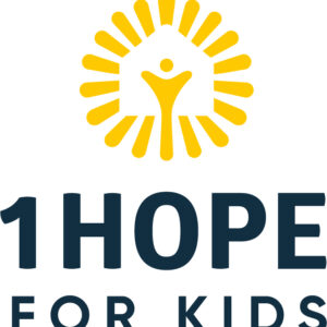 Logo for 1HOPE FOR KIDS featuring a stylized yellow sunburst with a figure in the center, above the text “1HOPE FOR KIDS” in bold, dark blue letters—benefiting vets and inspiring hope for youth.