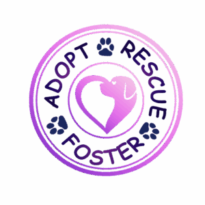 A circular purple badge with paw prints and the words Adopt, Rescue, and Foster, surrounding a heart-shaped outline of a dog and a cat facing each other—Giveback benefiting Vets for Youth.