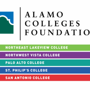Alamo Colleges Foundation logo above colored bars listing: Northeast Lakeview College, Northwest Vista College, Palo Alto College, St. Philip’s College, and San Antonio College—proudly Giveback Benefiting Vets for Youth in our community.