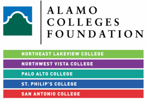 Alamo Colleges Foundation logo above colored bars listing: Northeast Lakeview College, Northwest Vista College, Palo Alto College, St. Philip’s College, and San Antonio College—proudly Giveback Benefiting Vets for Youth in our community.