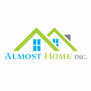 Logo for Almost Home Inc. featuring two overlapping green rooflines with blue windows, a small gray chimney, and the company name in blue and green text underneath on a white background. A giveback initiative benefiting vets for youth is also highlighted.