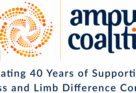 Amputee Coalition 40th anniversary logo with circular orange dot design and text: Celebrating 40 Years of Supporting the Limb Loss and Limb Difference Community, Giveback Benefiting Vets for Youth.