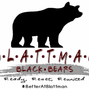 A silhouette of a black bear stands above the text BLATTMAN BLACK BEARS. Below, it reads Ready, Reset, Reunited and #BetterAtBlattman in stylized fonts—highlighting a special Giveback Benefiting Vets for Youth initiative.