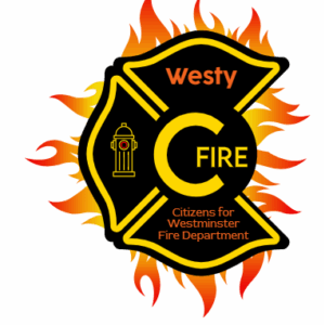 A fire department badge design with flames, featuring a yellow hydrant and the words Westy Fire, highlights Citizens for Westminster Fire Department in the center—an emblem celebrating Giveback Benefiting Vets for Youth.