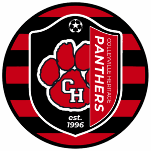 A circular logo with red and black stripes features a large red paw print, CH initials, and Colleyville Heritage Panthers est. 1996 text, with a soccer ball at the top—supporting a Giveback Benefiting Vets for Youth initiative.