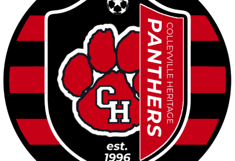 A circular logo with red and black stripes features a large red paw print, CH initials, and Colleyville Heritage Panthers est. 1996 text, with a soccer ball at the top—supporting a Giveback Benefiting Vets for Youth initiative.