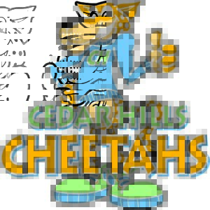 Cartoon cheetah wearing a blue sweater with CH on it, giving a thumbs up, stands above “Cedar Hills Cheetahs” in bold yellow and green letters. Giveback Benefiting Vets for Youth is proudly featured below.