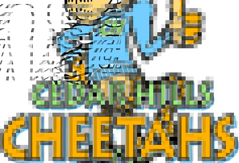 Cartoon cheetah wearing a blue sweater with CH on it, giving a thumbs up, stands above “Cedar Hills Cheetahs” in bold yellow and green letters. Giveback Benefiting Vets for Youth is proudly featured below.