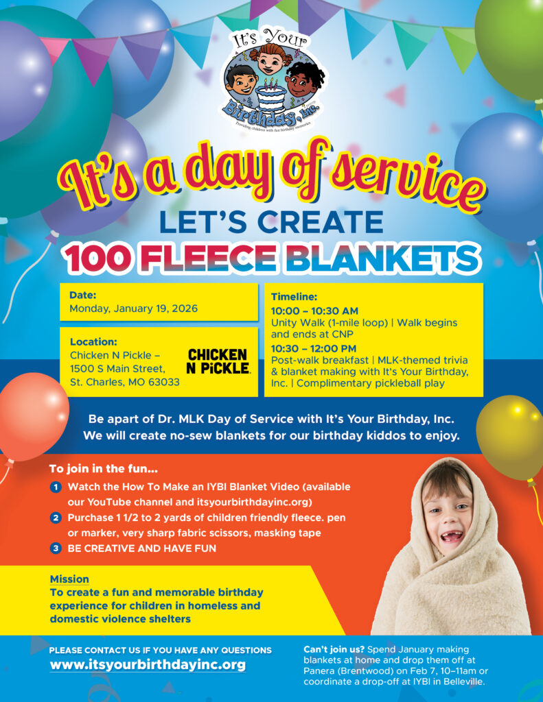 Colorful flyer features children holding a fleece blanket, promoting a MLK Day event to make 100 fleece blankets for kids in need, with event details, activities, and organization information.