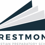 Logo for Crestmont Christian Preparatory School featuring four overlapping, ascending bars in dark and light blue, resembling a stylized mountain or book, above the school name in bold text—part of our Giveback Benefiting Vets for Youth initiative.