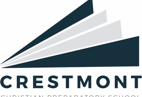 Logo for Crestmont Christian Preparatory School featuring four overlapping, ascending bars in dark and light blue, resembling a stylized mountain or book, above the school name in bold text—part of our Giveback Benefiting Vets for Youth initiative.