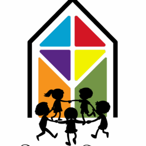 Logo showing five children holding hands in a circle in front of a church with a cross on top. The colorful geometric window highlights the Giveback Benefiting Vets for Youth. Text reads: Cross of Christ Preschool & Kindergarten.