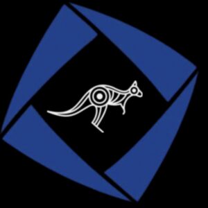 A white stylized kangaroo with tribal patterns is centered on a black background, surrounded by a blue, tilted square frame with open corners—symbolizing a giveback benefiting vets for youth.