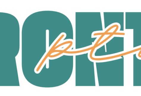 A stylized teal bird with glasses and an orange beak appears next to large teal letters spelling FRONTIER, with pto written in orange script across the middle, highlighting a Giveback Benefiting Vets for Youth.
