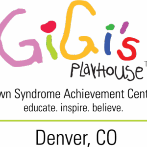 Logo for GiGi’s Playhouse Down Syndrome Achievement Centers with the tagline “educate. inspire. believe.” and location “Denver, CO.”—a giveback initiative benefiting vets for youth in our community.