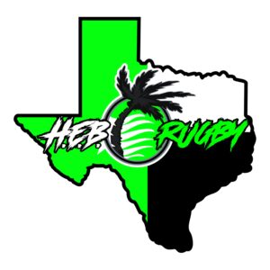 Outline of Texas divided in half green and black, with a palm tree inside a rugby ball at the center. Bold “H.E.B. Rugby” text is featured in white and neon green font, highlighting their Giveback Benefiting Vets for Youth initiative.