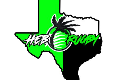Outline of Texas divided in half green and black, with a palm tree inside a rugby ball at the center. Bold “H.E.B. Rugby” text is featured in white and neon green font, highlighting their Giveback Benefiting Vets for Youth initiative.