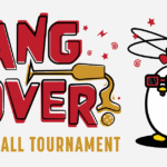 A cartoon chicken with red glasses and a dizzy expression stands next to bold text reading “Hang Over Pickleball Tournament.” A spilled drink and spinning stars, with a speech bubble saying “Time to Recoop!” appear around the chicken.