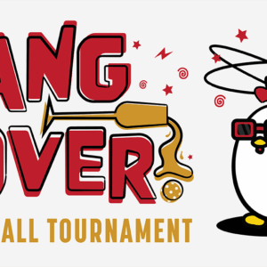 A cartoon chicken with red glasses and a dizzy expression stands next to bold text reading “Hang Over Pickleball Tournament.” A spilled drink and spinning stars, with a speech bubble saying “Time to Recoop!” appear around the chicken.
