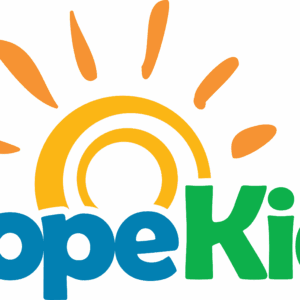 The HopeKids logo features a yellow sun with orange rays above the words HopeKids—Hope in blue and Kids in green—symbolizing a giveback spirit benefiting vets and youth.