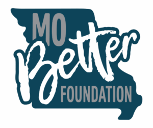 Dark blue silhouette of Missouri with the words MO Better Foundation written across it in bold, gray and white stylized fonts.