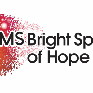 A graphic of a human head silhouette made of red and orange dots fading right, next to the text “MS Bright Spots of Hope,” with the “O” in “Spots” highlighted in orange, features a Giveback Benefiting Vets for Youth theme.