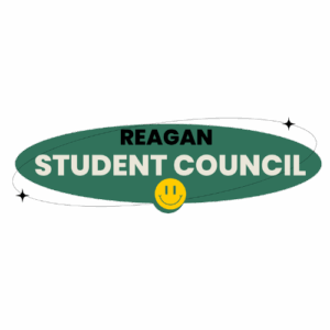 Green oval logo with the text REAGAN STUDENT COUNCIL in bold white and black, accented by a yellow smiling face and two small black stars—highlighting a Giveback Benefiting Vets for Youth.