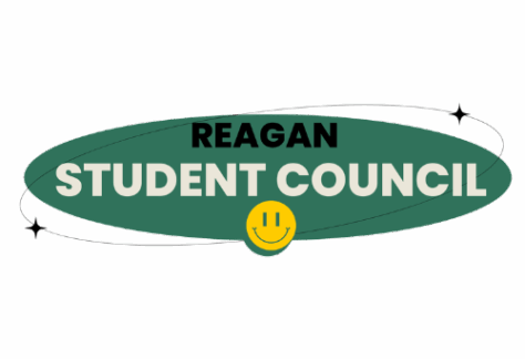Green oval logo with the text REAGAN STUDENT COUNCIL in bold white and black, accented by a yellow smiling face and two small black stars—highlighting a Giveback Benefiting Vets for Youth.