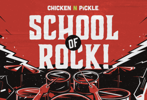 Bold graphic with CHICKEN N PICKLE above large white text School of Rock! on a red background, featuring illustrated drum set, guitar, and lightning bolts, with drumsticks raised in the foreground.