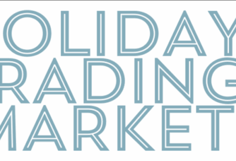 Light blue text reads Holiday Trading Market on a white background, with small beige stars and partial festive icons visible around the edges.