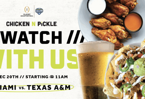 Promotional image for Chicken N Pickle featuring plates of food, beers, and text inviting viewers to watch the Miami vs. Texas A&M game on December 20th at 11am.