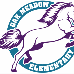 A stylized illustration of a galloping horse inside a teal circle with “OAK MEADOW ELEMENTARY” in bold white letters, highlighting a Giveback Benefiting Vets for Youth around the top and bottom of the circle.