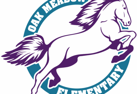 A stylized illustration of a galloping horse inside a teal circle with “OAK MEADOW ELEMENTARY” in bold white letters, highlighting a Giveback Benefiting Vets for Youth around the top and bottom of the circle.