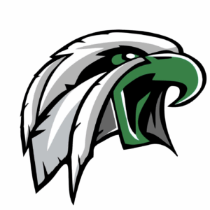 A stylized illustration of an eagle's head with a green beak and mouth, white and gray feathers, and a fierce expression, set against a white background, symbolizing Giveback Benefiting Vets for Youth.