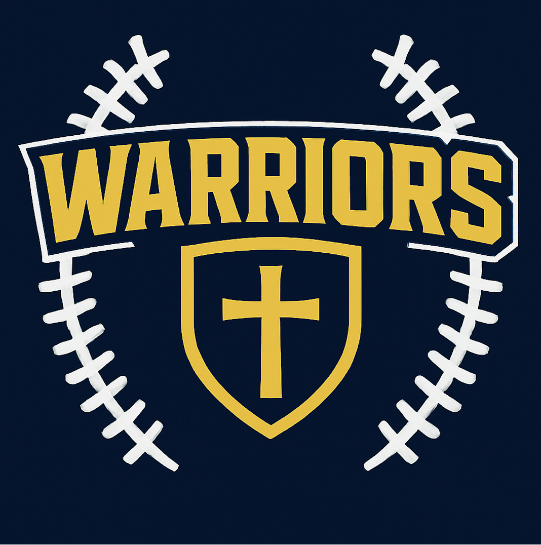 The image shows the word WARRIORS in bold yellow letters above a yellow shield with a Christian cross, all overlaid on a white baseball seam pattern on a dark blue background, representing a Giveback Benefiting Vets for Youth.