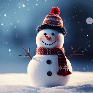 A cheerful snowman with a red-striped hat, matching scarf, and stick arms stands in the snow, smiling with a carrot nose and coal eyes and buttons, as snow falls softly against a blurred winter background.
