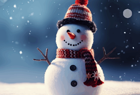 A cheerful snowman with a red-striped hat, matching scarf, and stick arms stands in the snow, smiling with a carrot nose and coal eyes and buttons, as snow falls softly against a blurred winter background.