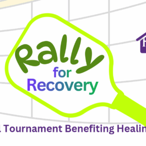 A smiling pickle cartoon plays pickleball with a paddle and ball. Text reads: “Rally for Recovery: Pickleball Tournament Benefiting Healing House KC.” Healing House Kansas City logo appears on the right.