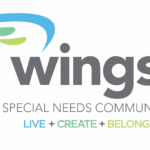 Logo for Wings Special Needs Community with a blue and green wing design. Text reads: wings SPECIAL NEEDS COMMUNITY LIVE + CREATE + BELONG with LIVE, CREATE, and BELONG in blue, green, and light green. Benefiting Vets for Youth.