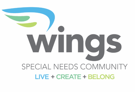 Logo for Wings Special Needs Community with a blue and green wing design. Text reads: wings SPECIAL NEEDS COMMUNITY LIVE + CREATE + BELONG with LIVE, CREATE, and BELONG in blue, green, and light green. Benefiting Vets for Youth.