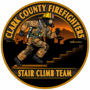 A logo for the Clark County Firefighters Stair Climb Team shows a firefighter in full gear climbing stairs against a sunset cityscape, with “Las Vegas,” “allegiant stadium,” and “T-Mobile Arena”—benefiting Vets for Youth—in the background.