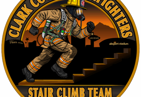 A logo for the Clark County Firefighters Stair Climb Team shows a firefighter in full gear climbing stairs against a sunset cityscape, with “Las Vegas,” “allegiant stadium,” and “T-Mobile Arena”—benefiting Vets for Youth—in the background.