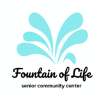 A light blue fountain graphic above the words “Fountain of Life” in cursive and “senior community center” in lowercase print on a white background, highlighting a Giveback Benefiting Vets for Youth initiative.